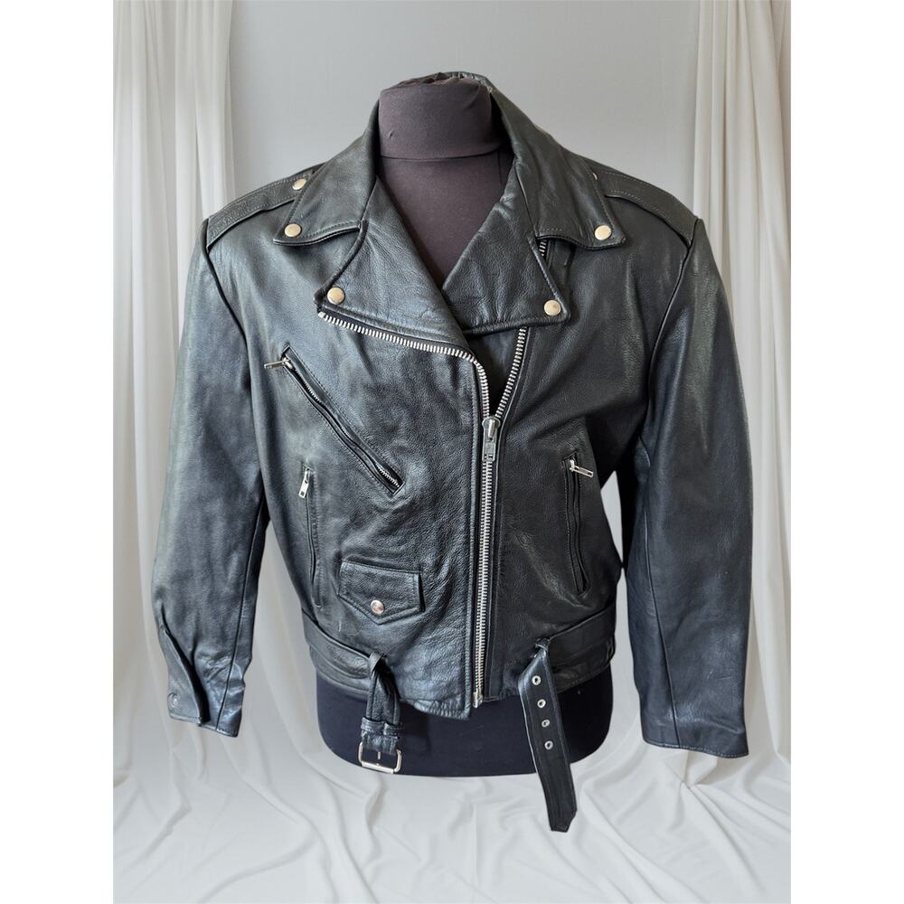 Men's Vintage Black Leather Motorcycle Jacket, 40, M